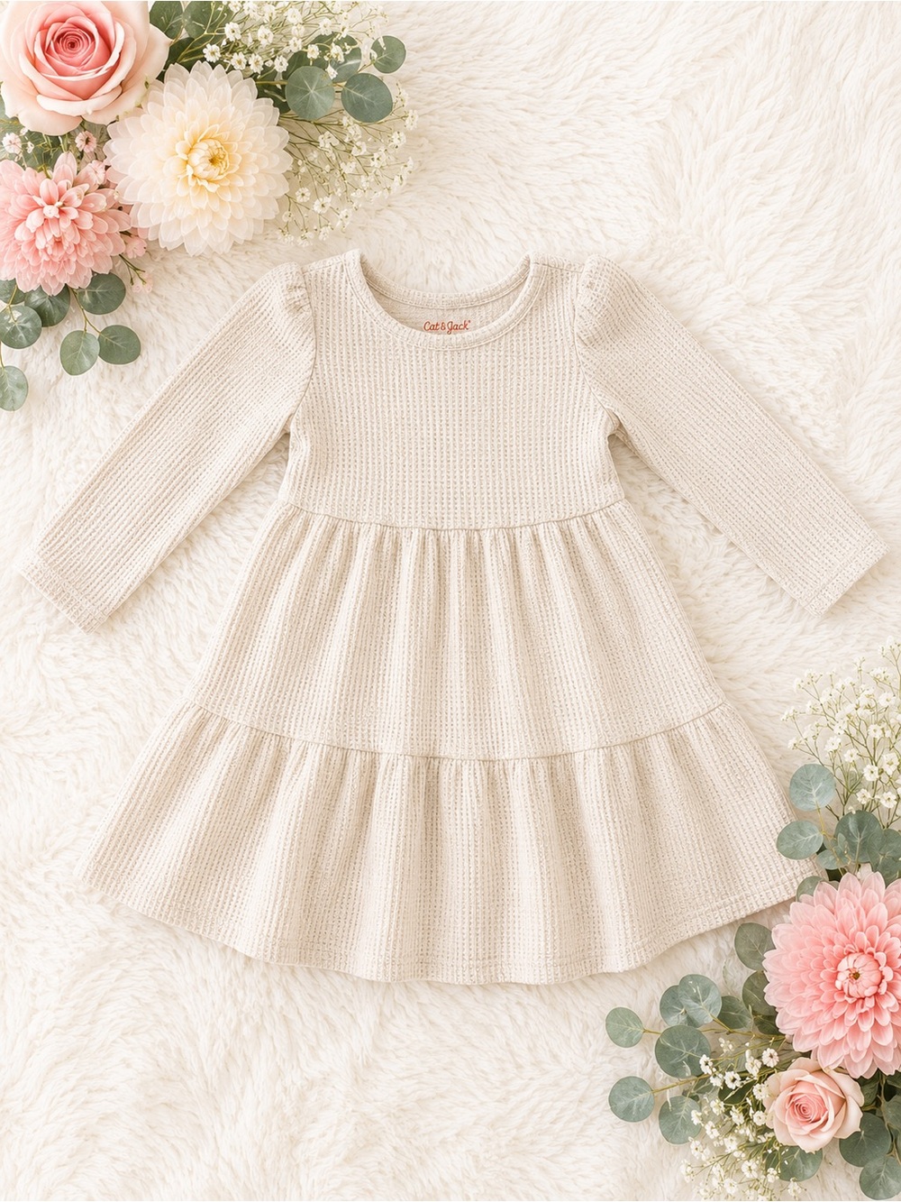 Cat & Jack Cream Tiered Knit Long-Sleeve Dress for Kids